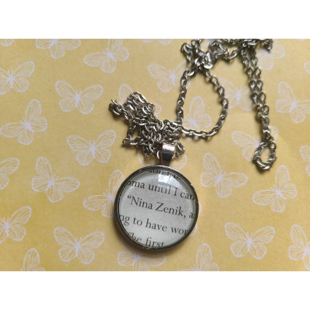 Nina Zenik pendant necklace made with Six of Crows book pages
